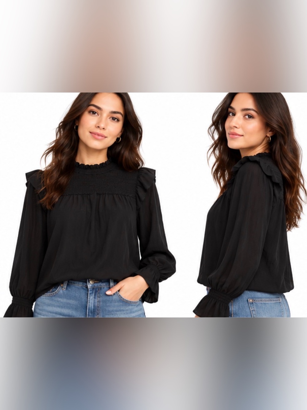 Banana Republic Black Smocked Ruffle Blouse Long Sleeve Small S